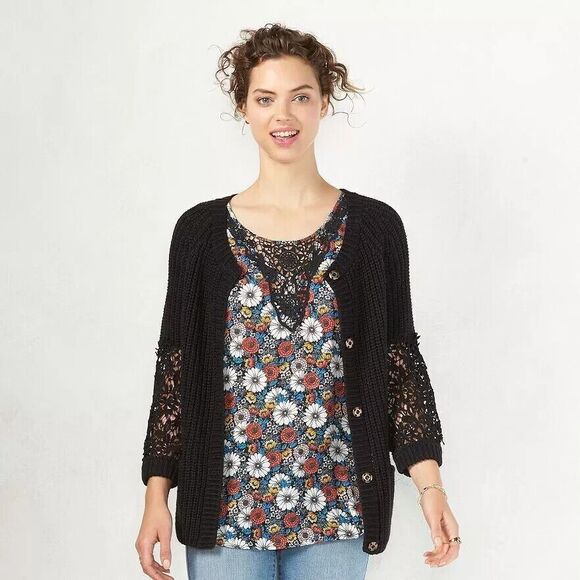 Lauren Conrad Black Crochet Sleeve Snap Front Cardigan Sweater Womens Large - Picture 7 of 12